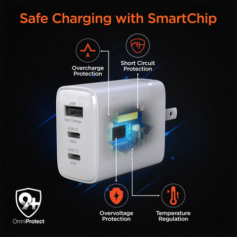 45W Tri-Port GaN Fast Wall Charger with 6ft USB-C Cable – Dual USB-C PD/PPS Charger for Phones, Tablets & Laptops | White