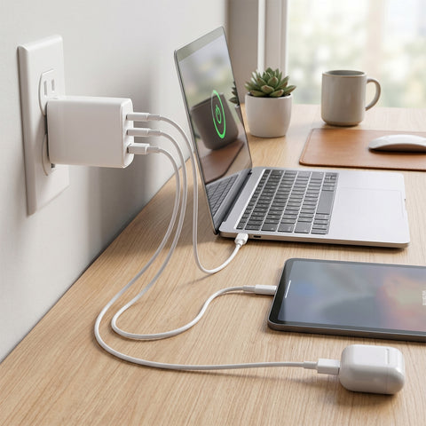 45W Tri-Port GaN Fast Wall Charger with 3ft & 6ft USB-C Cables – Dual USB-C PD/PPS Charger for Phones, Tablets & Laptops | White