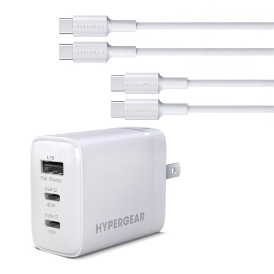 HyperGear Basics 45W Tri-Port GaN Fast Wall Charger with 3ft & 6ft USB-C Cables – Dual USB-C PD/PPS Charger for Phones, Tablets & Laptops | White