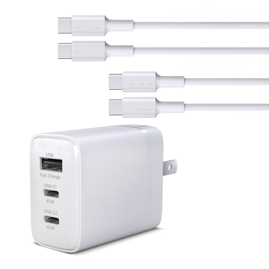45W Tri-Port GaN Fast Wall Charger with 3ft & 6ft USB-C Cables – Dual USB-C PD/PPS Charger for Phones, Tablets & Laptops | White