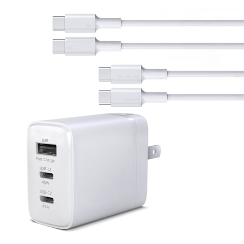 45W Tri-Port GaN Fast Wall Charger with 3ft & 6ft USB-C Cables – Dual USB-C PD/PPS Charger for Phones, Tablets & Laptops | White