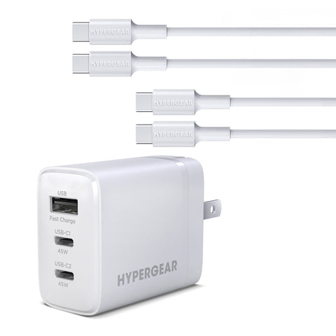 45W Tri-Port GaN Fast Wall Charger with 3ft & 6ft USB-C Cables – Dual USB-C PD/PPS Charger for Phones, Tablets & Laptops | White