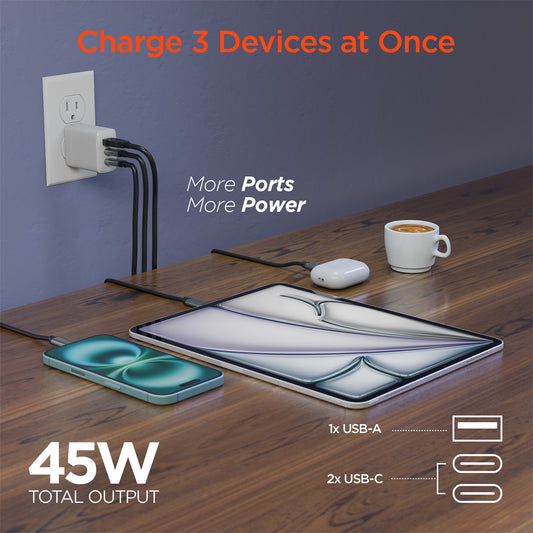 45W Tri-Port GaN Fast Wall Charger with 3ft & 6ft USB-C Cables – Dual USB-C PD/PPS Charger for Phones, Tablets & Laptops | White