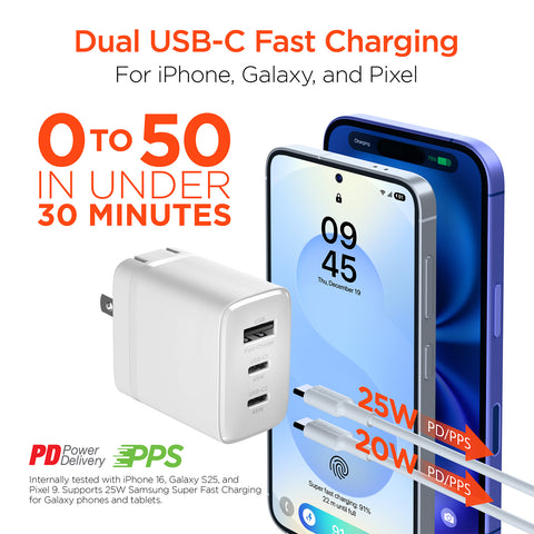 45W Tri-Port GaN Fast Wall Charger with 3ft & 6ft USB-C Cables – Dual USB-C PD/PPS Charger for Phones, Tablets & Laptops | White