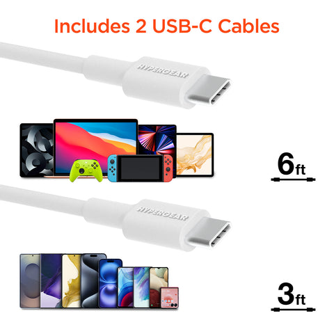 45W Tri-Port GaN Fast Wall Charger with 3ft & 6ft USB-C Cables – Dual USB-C PD/PPS Charger for Phones, Tablets & Laptops | White