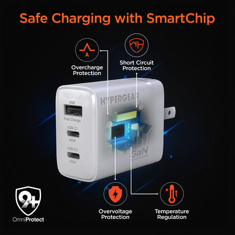 45W Tri-Port GaN Fast Wall Charger with 3ft & 6ft USB-C Cables – Dual USB-C PD/PPS Charger for Phones, Tablets & Laptops | White