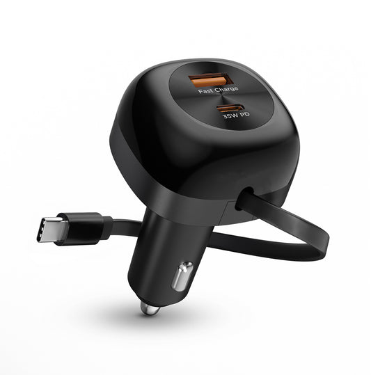 3-in-1 Fast Car Charger with Retractable USB-C Cable – 60W USB-C PD Car Charger for Phones, Tablets & Laptops