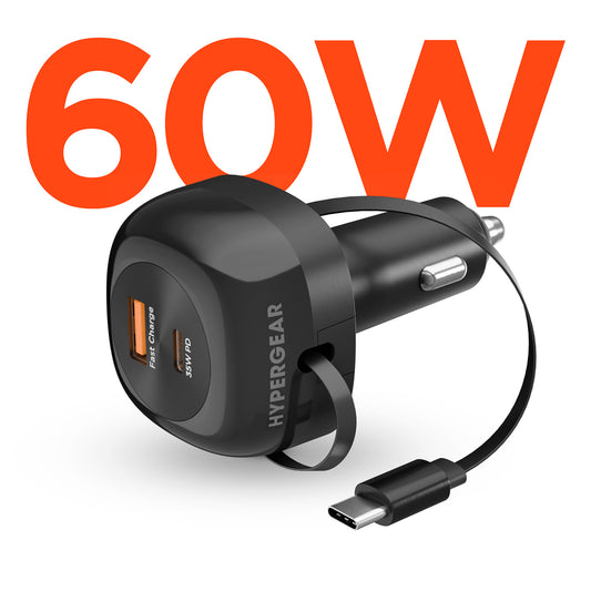 SpeedBoost 3-in-1 Fast Car Charger with Retractable USB-C Cable – 60W USB-C PD Car Charger for Phones, Tablets & Laptops