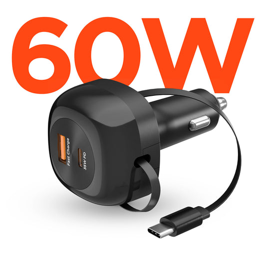 3-in-1 Fast Car Charger with Retractable USB-C Cable – 60W USB-C PD Car Charger for Phones, Tablets & Laptops