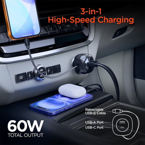 3-in-1 Fast Car Charger with Retractable USB-C Cable – 60W USB-C PD Car Charger for Phones, Tablets & Laptops
