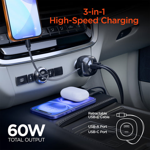 3-in-1 Fast Car Charger with Retractable USB-C Cable – 60W USB-C PD Car Charger for Phones, Tablets & Laptops
