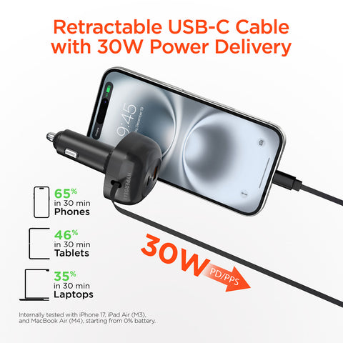 3-in-1 Fast Car Charger with Retractable USB-C Cable – 60W USB-C PD Car Charger for Phones, Tablets & Laptops