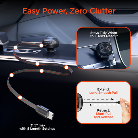 3-in-1 Fast Car Charger with Retractable USB-C Cable – 60W USB-C PD Car Charger for Phones, Tablets & Laptops