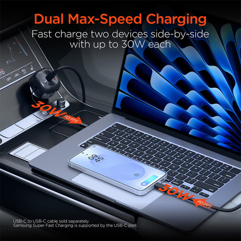 3-in-1 Fast Car Charger with Retractable USB-C Cable – 60W USB-C PD Car Charger for Phones, Tablets & Laptops