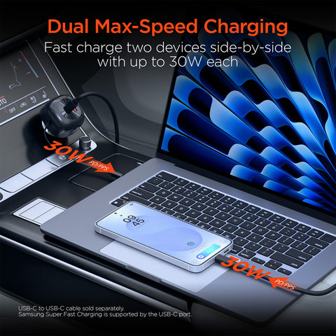 3-in-1 Fast Car Charger with Retractable USB-C Cable – 60W USB-C PD Car Charger for Phones, Tablets & Laptops