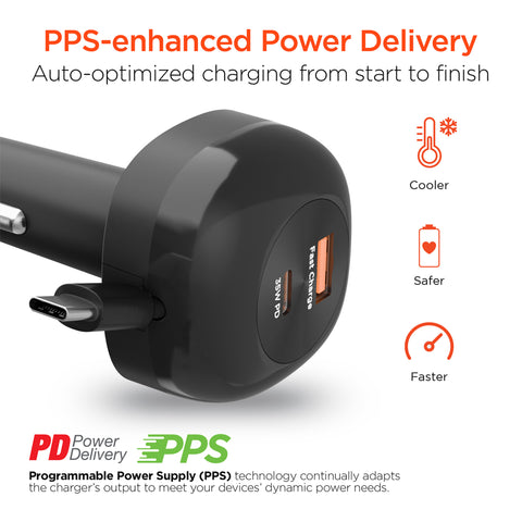 3-in-1 Fast Car Charger with Retractable USB-C Cable – 60W USB-C PD Car Charger for Phones, Tablets & Laptops