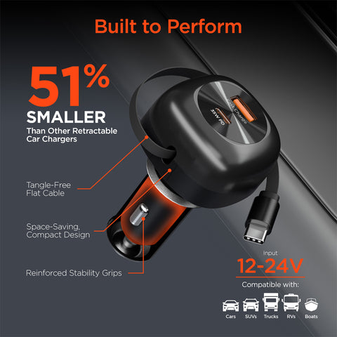 3-in-1 Fast Car Charger with Retractable USB-C Cable – 60W USB-C PD Car Charger for Phones, Tablets & Laptops