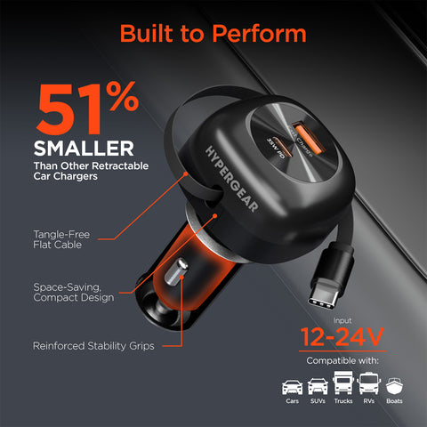 3-in-1 Fast Car Charger with Retractable USB-C Cable – 60W USB-C PD Car Charger for Phones, Tablets & Laptops