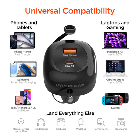 3-in-1 Fast Car Charger with Retractable USB-C Cable – 60W USB-C PD Car Charger for Phones, Tablets & Laptops