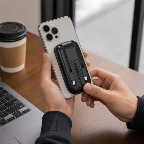 Mag Grip Go 5,000mAh Magnetic Wireless Fast Charge Power Bank | Black MagSafe-Compatible Portable Charger with Built-In USB-C & Lightning Cables