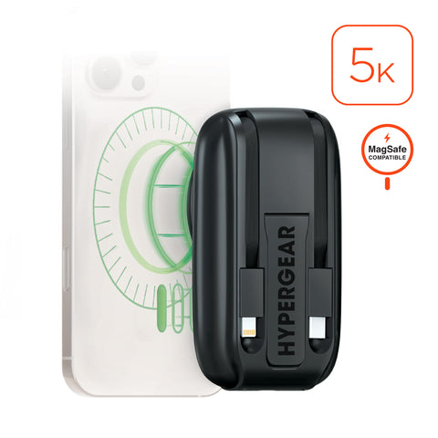Mag Grip Go 5,000mAh Magnetic Wireless Fast Charge Power Bank | Black MagSafe-Compatible Portable Charger with Built-In USB-C & Lightning Cables