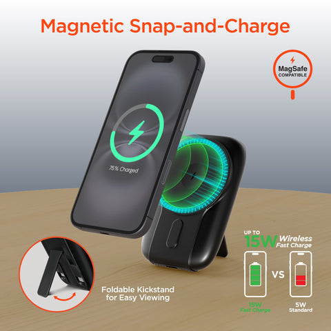 5,000mAh Magnetic Wireless Fast Charge Power Bank | Black MagSafe-Compatible Portable Charger with Built-In USB-C & Lightning Cables