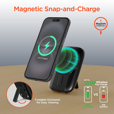 Mag Grip Go 5,000mAh Magnetic Wireless Fast Charge Power Bank | Black MagSafe-Compatible Portable Charger with Built-In USB-C & Lightning Cables