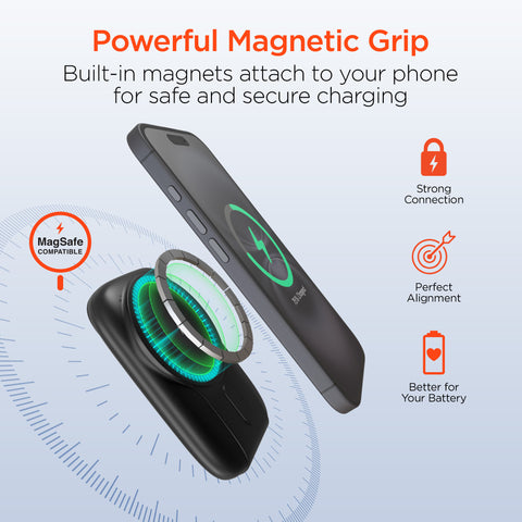 5,000mAh Magnetic Wireless Fast Charge Power Bank | Black MagSafe-Compatible Portable Charger with Built-In USB-C & Lightning Cables