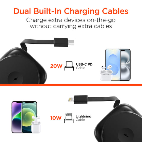 Mag Grip Go 5,000mAh Magnetic Wireless Fast Charge Power Bank | Black MagSafe-Compatible Portable Charger with Built-In USB-C & Lightning Cables