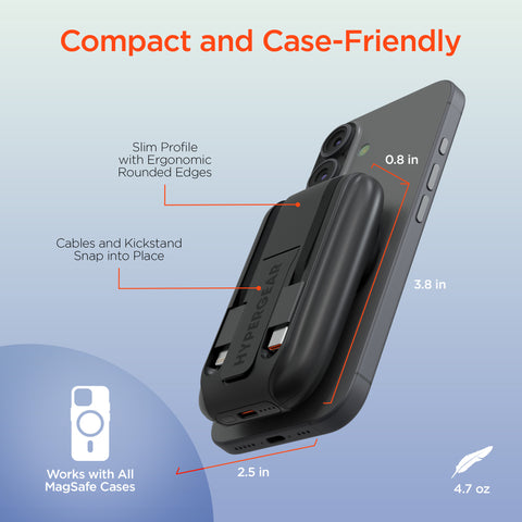 Mag Grip Go 5,000mAh Magnetic Wireless Fast Charge Power Bank | Black MagSafe-Compatible Portable Charger with Built-In USB-C & Lightning Cables