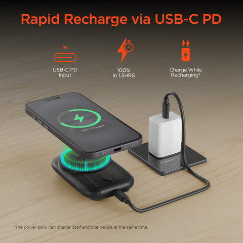 5,000mAh Magnetic Wireless Fast Charge Power Bank | Black MagSafe-Compatible Portable Charger with Built-In USB-C & Lightning Cables