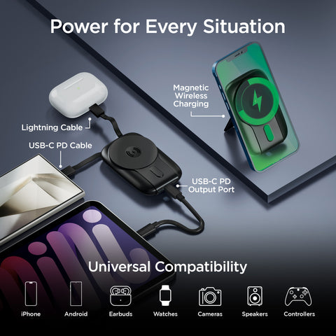 5,000mAh Magnetic Wireless Fast Charge Power Bank | Black MagSafe-Compatible Portable Charger with Built-In USB-C & Lightning Cables