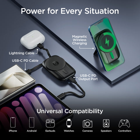 Mag Grip Go 5,000mAh Magnetic Wireless Fast Charge Power Bank | Black MagSafe-Compatible Portable Charger with Built-In USB-C & Lightning Cables
