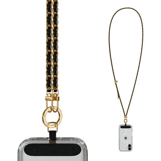 Crossbody Phone Strap – Gold Chain & Black Vegan Leather Phone Lanyard for iPhone, Samsung Galaxy & More