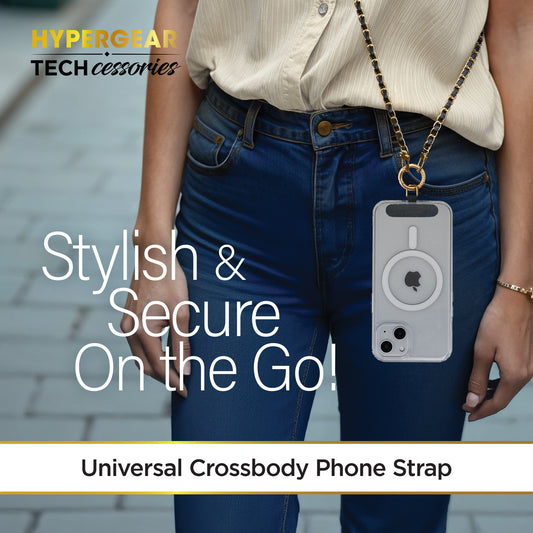 Crossbody Phone Strap – Gold Chain & Black Vegan Leather Phone Lanyard for iPhone, Samsung Galaxy & More
