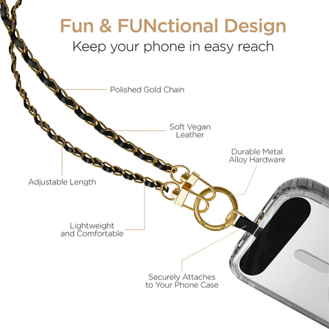 Crossbody Phone Strap – Gold Chain & Black Vegan Leather Phone Lanyard for iPhone, Samsung Galaxy & More