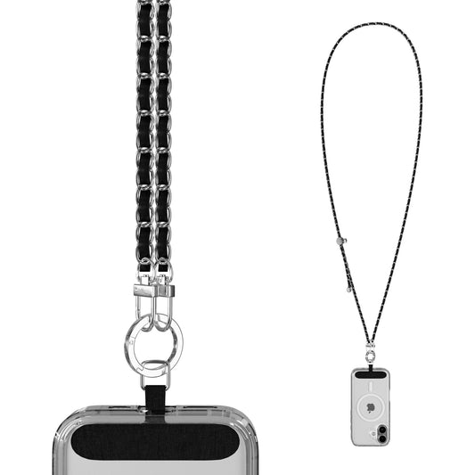 Universal Crossbody Phone Strap – Silver Chain & Black Vegan Leather Phone Lanyard for iPhone, Samsung Galaxy & More