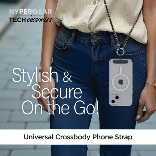 Universal Crossbody Phone Strap – Silver Chain & Black Vegan Leather Phone Lanyard for iPhone, Samsung Galaxy & More