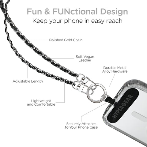 Universal Crossbody Phone Strap – Silver Chain & Black Vegan Leather Phone Lanyard for iPhone, Samsung Galaxy & More