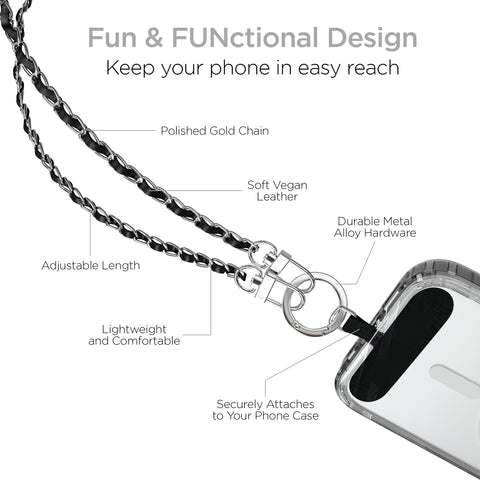 Universal Crossbody Phone Strap – Silver Chain & Black Vegan Leather Phone Lanyard for iPhone, Samsung Galaxy & More