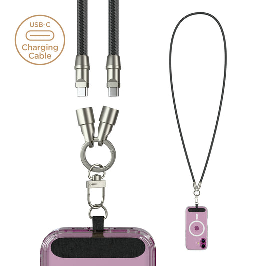 2-in-1 Universal Crossbody Phone Strap + USB-C Charging Cable – Black Braided Rope