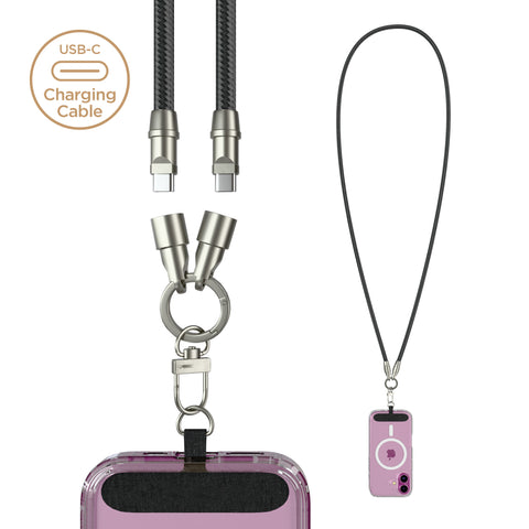 2-in-1 Universal Crossbody Phone Strap + USB-C Charging Cable – Black Braided Rope