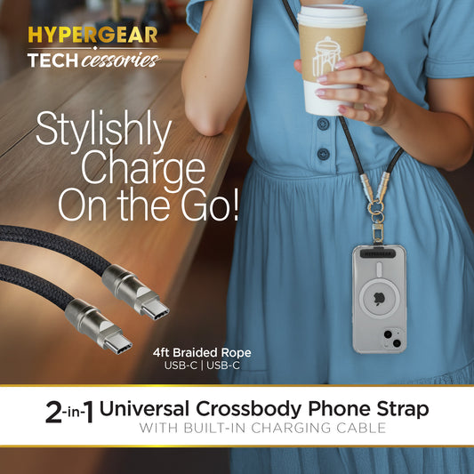2-in-1 Universal Crossbody Phone Strap + USB-C Charging Cable – Black Braided Rope