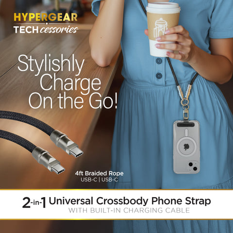 2-in-1 Universal Crossbody Phone Strap + USB-C Charging Cable – Black Braided Rope