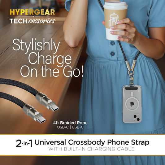 2-in-1 Universal Crossbody Phone Strap + USB-C Charging Cable – Black Braided Rope