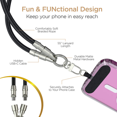 2-in-1 Universal Crossbody Phone Strap + USB-C Charging Cable – Black Braided Rope