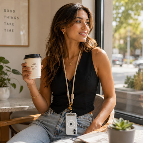 Universal Crossbody Phone Strap – Sand Braided Rope Phone Lanyard with Gold Accents for iPhone, Samsung Galaxy & More