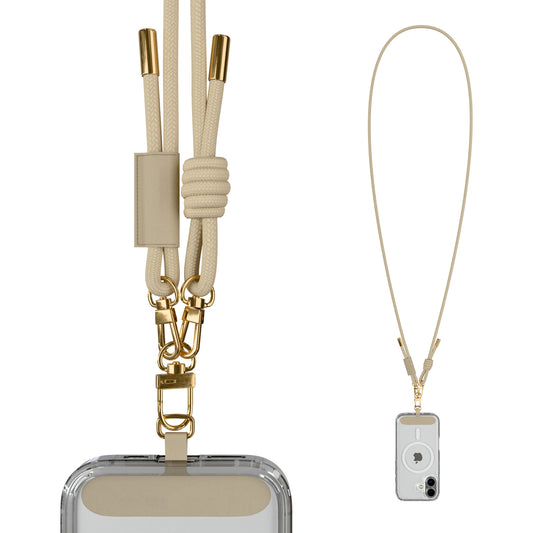 Universal Crossbody Phone Strap – Sand Braided Rope Phone Lanyard with Gold Accents for iPhone, Samsung Galaxy & More