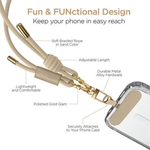 Universal Crossbody Phone Strap – Sand Braided Rope Phone Lanyard with Gold Accents for iPhone, Samsung Galaxy & More