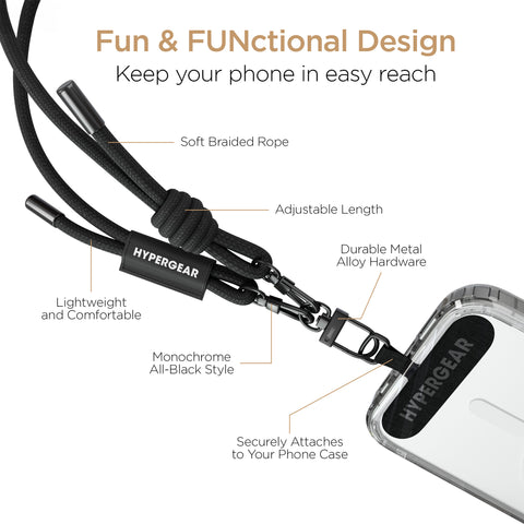Universal Crossbody Phone Strap – Adjustable Braided Rope Phone Lanyard for iPhone, Samsung Galaxy & More | Black